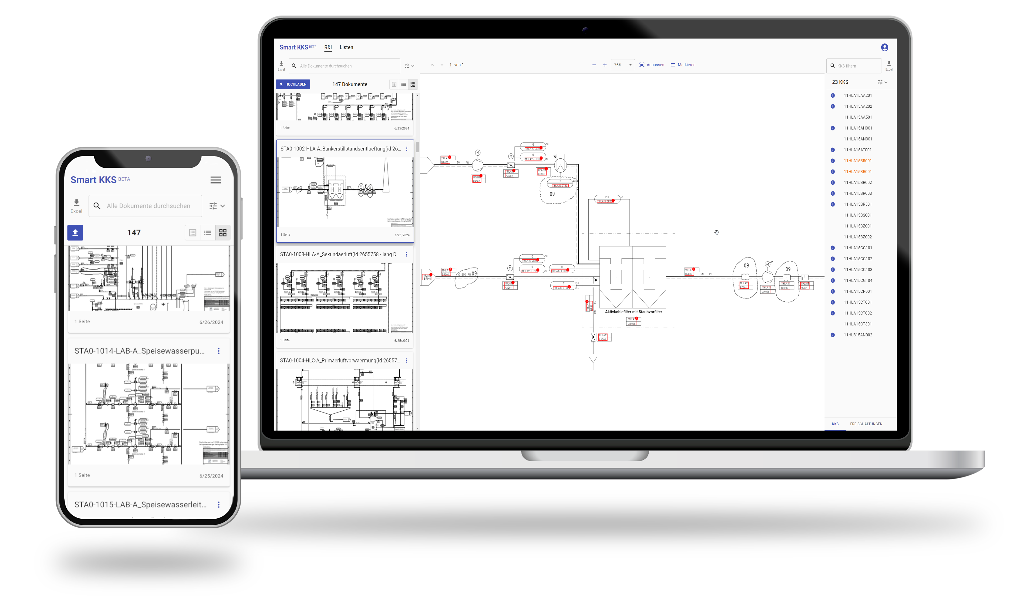 Smart KKS Interface showing technical documentation on laptop and phone